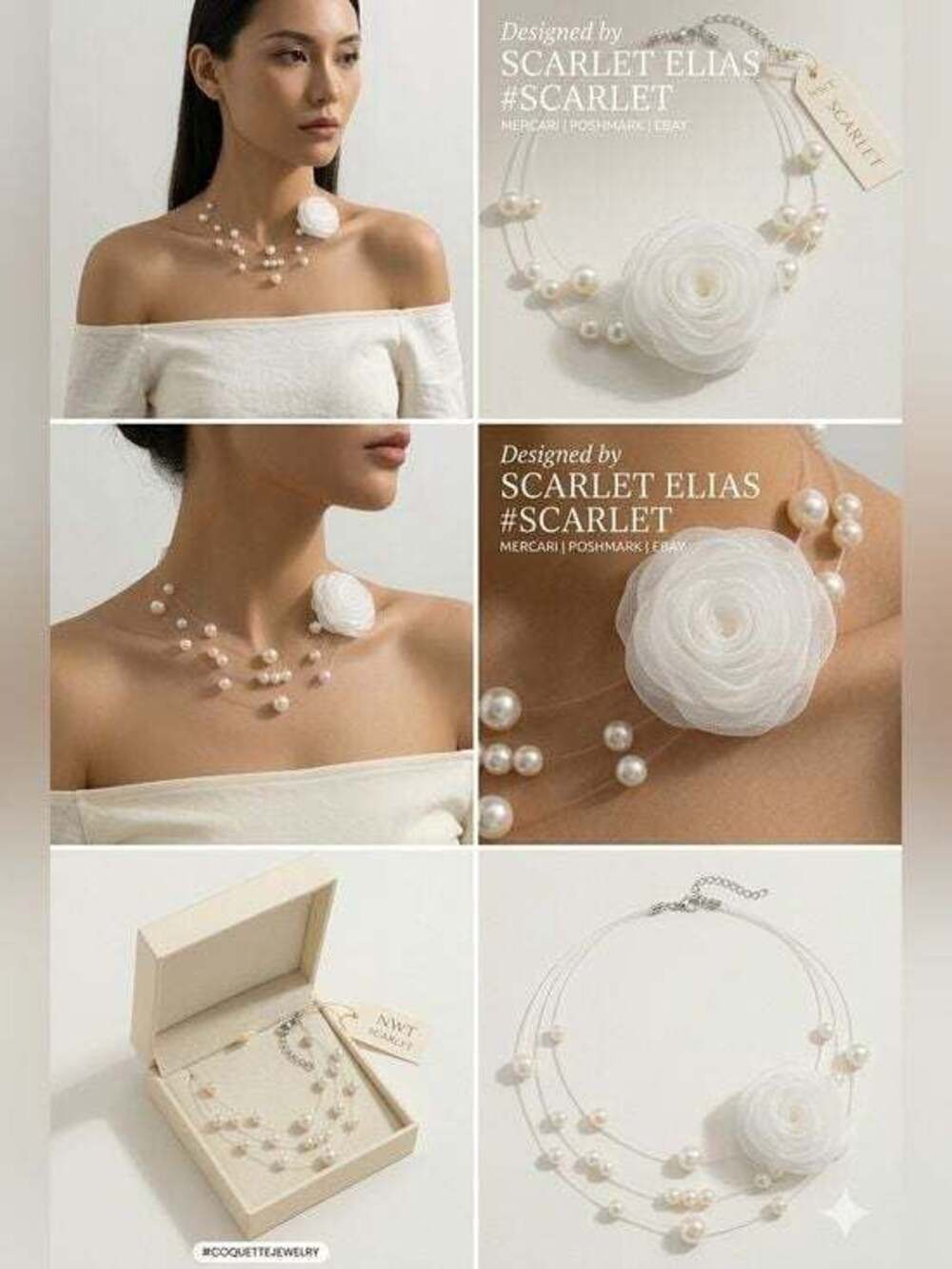 Coquette Organza Rose & Floating Pearl Choker Necklace NWT